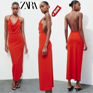 Zara light red open back cowl neck halter top midi maxi dress Sz M NWT stretchy